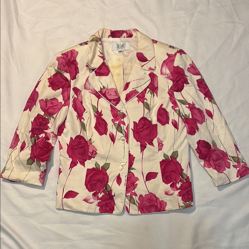 Le Suit Floral Print Blazer Suit Jacket in Cream and Pink Size 10P *PRE-…